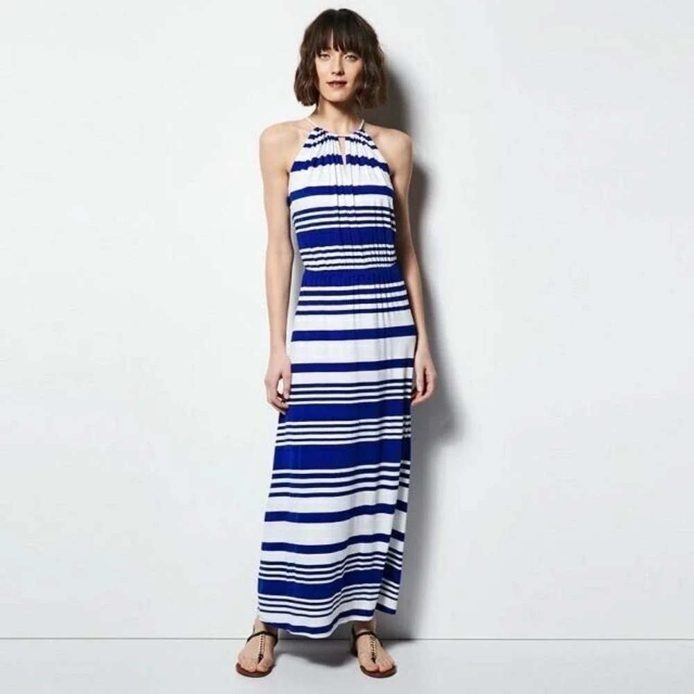 MILLY for DesigNation Maxi Dress Size Medium M Sapphire Combo Stripe Halter Boho